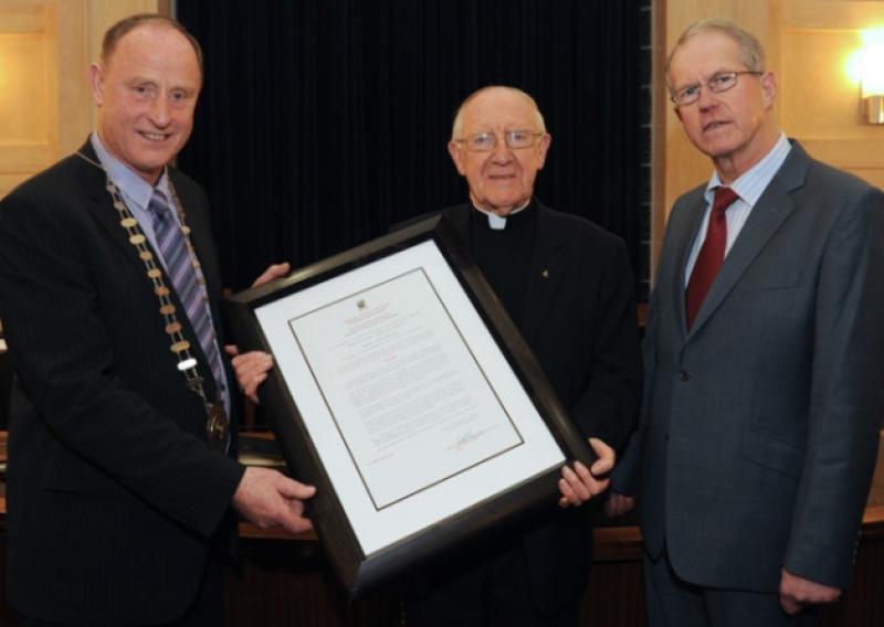 Mayor Larry Bannon, Bishop Colm OReilly and Jack Kilgallen, Deputy County Manager at a Civic Reception in the Council Chamber  on Monday,  November 18 to honour Bishop Colm OReilly, Retired Bishop of Ardagh and Clonmacnoise, for his outstanding contribution to civic society in County Longford. Picture by William Farrell