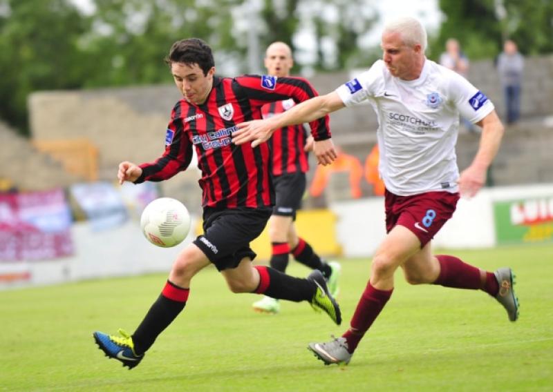 Jamie Mulhall on the ball for Longford Town against Drogheda United in the Premier Division league game at City Calling Stadium on Saturday evening last.  Photo: Frank McGrath
