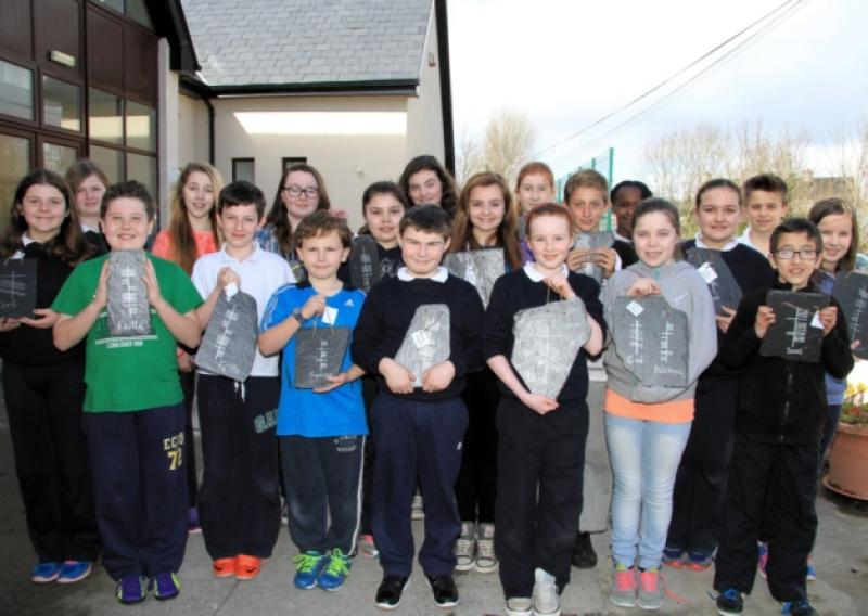 The Fourth, Fifth and Sixth Class students from Scoil Mhuire in Clondra who took part in the Junior Entrepreneur Programme and created a range of natural slate products, Only Ogham. Photo: Michelle Ghee. www.gphotos.ie