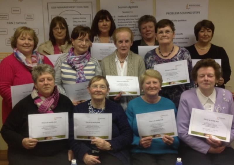 Pictured at the Living Well With Arthritis Course in Lanesboro were (front row, L-R): Carmel Linnane, Maura Heneghan, Loretta Greally, and Mary Casey. Middle row: Laura Lynam ,Margaret Cullen, Margaret Flynn, and Maureen Mulvey. Back: Ann Claydon, Ann Maguire, Theresa Mullooly, and Bernie Maguire.
