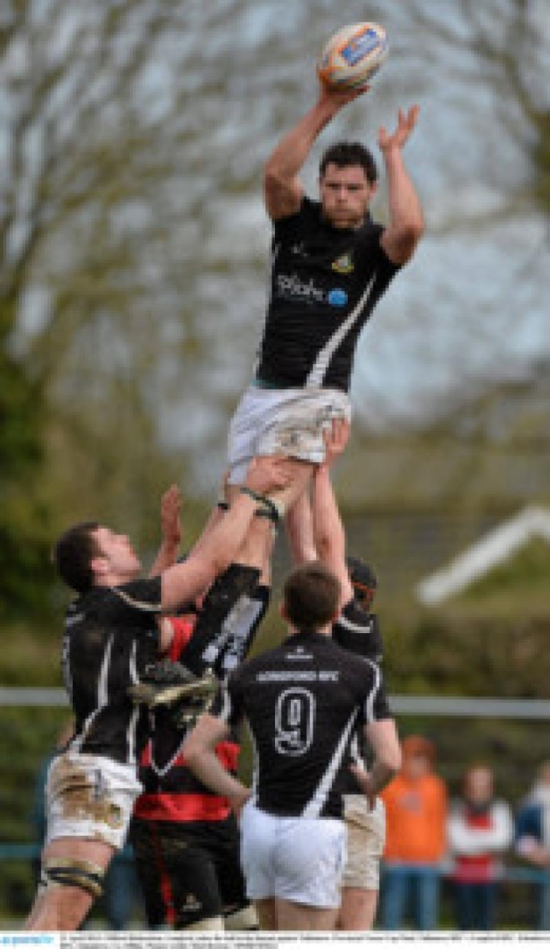 21 April 2013; Clifford Richardson, Longford, takes the ball in the lineout against Tullamore. Provincial Towns Cup Final, Tullamore RFC v Longford RFC, Edenderry RFC, Edenderry, Co. Offaly. Picture credit: Matt Browne / SPORTSFILE
