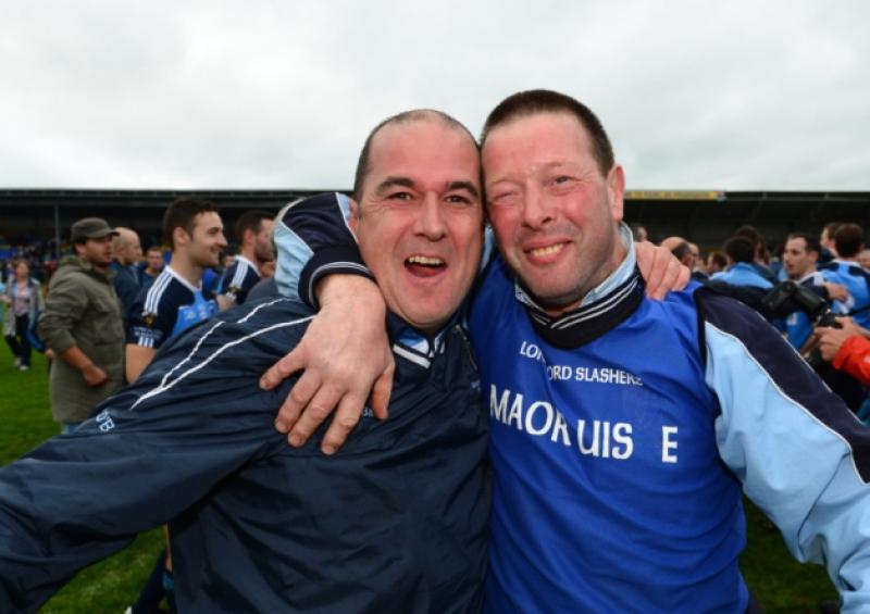 Longford Slashers selector Benny O'Brien celebrates with team official Mervyn Clendenning following the win over Dromard in the 2013 Senior Football Championship Final.