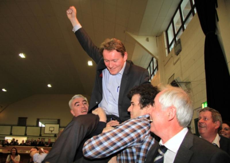 Supporters carry Fine Gael's Micheal Carrigy after he was elected on the first count in the North Longford LEA. Photo: Michelle Ghee. www.gphotos.ie