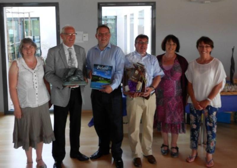 Antoinette Nugent, group leader, Yves Gaume, Mayor of Essert, Paddy Howe, Chairperson of Ballinamuck Enterprise Group and group leader, Francois Beker, member of Essert council,  Tess Murphy, Marie Christine Grandjean, President Essert Twinning Association.