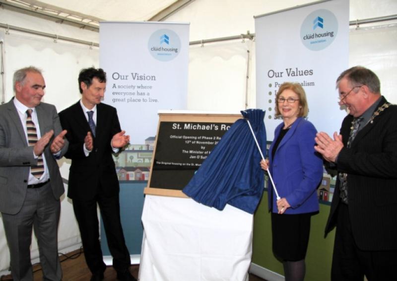 Derek McCabe from Cl�id, Cl�id CEO Brian O'Gorman, Minister for Housing and Planning Jan O'Sullivan TD,  and Mayor Paul Connell. Photo: Michelle Ghee. www.gphotos.ie