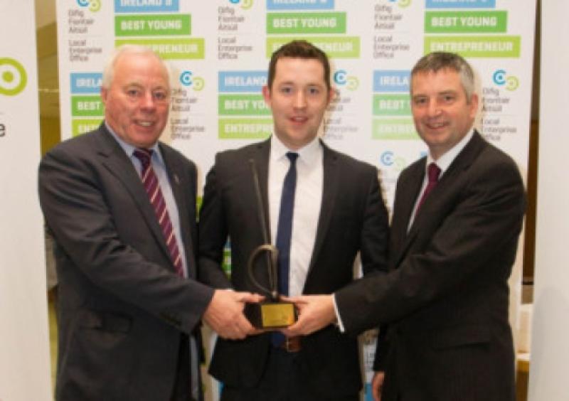 Longford County Council CEO Tim Caffrey, Micheal Savage of Lir Analytical Ltd, regional winner in the 'Best Start Up Business' category, and Michael Nevin, Head of Enterprise, Local Enterprise Office, Longford, at the regional finals of the inaugural Irelands Best Young Entrepreneur competition. Photo: Joe Keogh