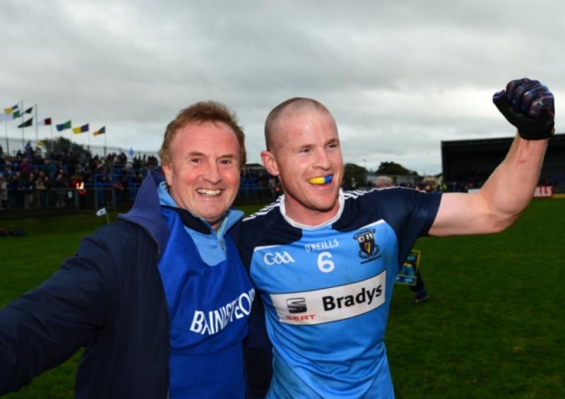 Longford Slashers manager Denis Connerton and captain Dermot Brady celebrate at the final whistle in the Senior Football Championship Final on Sunday last at Pearse Park. Photo: Ray Donlon