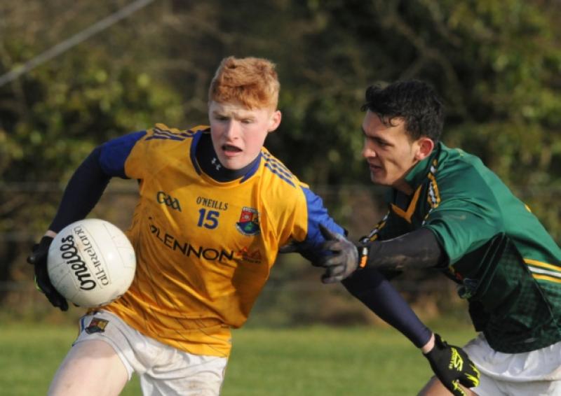Jayson Matthews on the ball for Longford against Meath in the Leinster Minor Football League Round 2 game at Devine Park, Edgeworthstown on Saturday last. The Mullinalaghta marksman fired over seven of the nine points for Longford. Photo: Declan Gilmore Photography