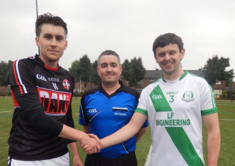 Amsterdam Gaels captain Colm Brennan shakes hands with his Killashee St Brigids counterpart Gerard Evans and referee Noel McKenna pictured prior to Saturdays AIB Leinster Club Junior Football Championship 1st Round encounter in Maastricht, Holland.