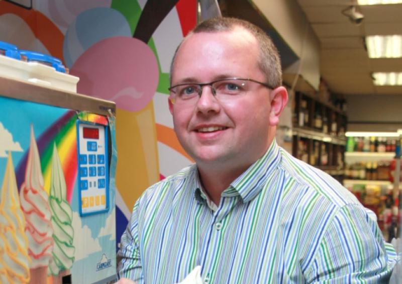 Noel Lynch of Lynchs Newsagents in Arva celebrating after the store was deemed to have the best '99 Cone' in Ireland according to the '99 Finder' app leader board.