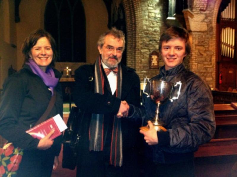 Annette Regan, John York, adjudicator from Guildhall School of Music London  and Peter Regan, pictured at St Marys Church, Anglesea Road, Ballsbridge after Peter won the Huban Cup.