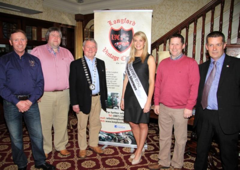 At the launch of Longford Vintage Clubs 10th anniversary annual vintage show and craft fair in the Longford Arms Hotel recently were l to r; Michael Lynch, Miceal Nolan, Cllr Seamus Butler, Longford Rose Daphne Howard, Vintage Club Chairperson Fergus O'Toole and Harry McKenna. Photo by: Michelle Ghee. www.gphotos.ie