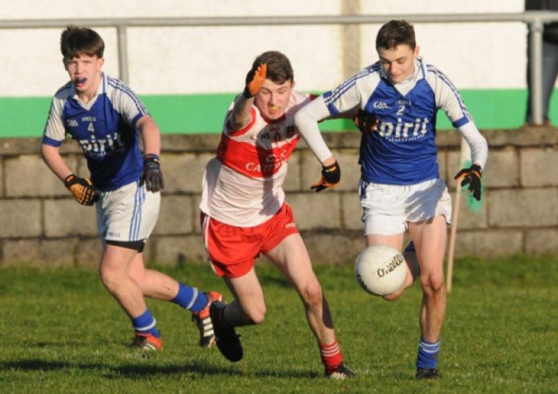 St Mel's College defenders Paddy Duggan and James Moran in action against Scoil Aodhain in the Leinster Post Primary Schools SFC 'A' quarter-final at Killoe last Friday. Photo: Declan Gilmore Photography