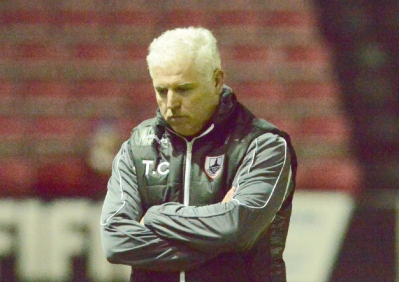 Longford Town manager Tony Cousins, who was sent to the stand for his protests over a stonewall penalty that was not given in the game against Shamrock Rovers.