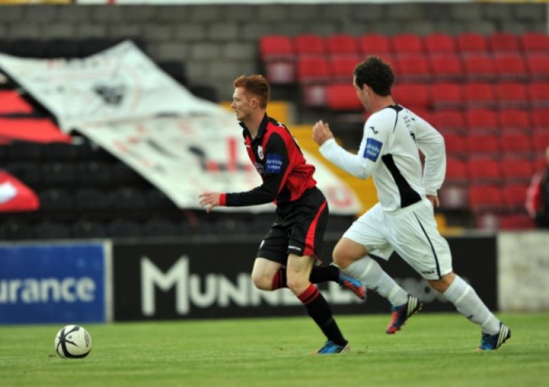 Longford Town player Gary Shaw on the attack against Athlone Town in the League of Ireland First Division on Saturday evening last at City Calling Stadium. PHOTO: JAMES DONNELLY