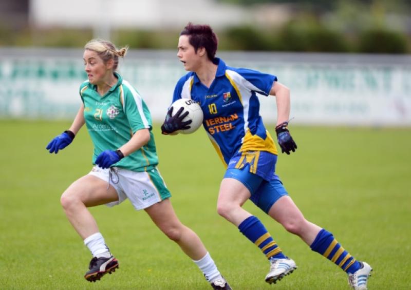 Longford player Claire Greene in action against Angela Kenneally of London during the first round of the Leinster Ladies Intermediate Football Championship on Saturday last at Emmet Park. Pic: Ray Donlon