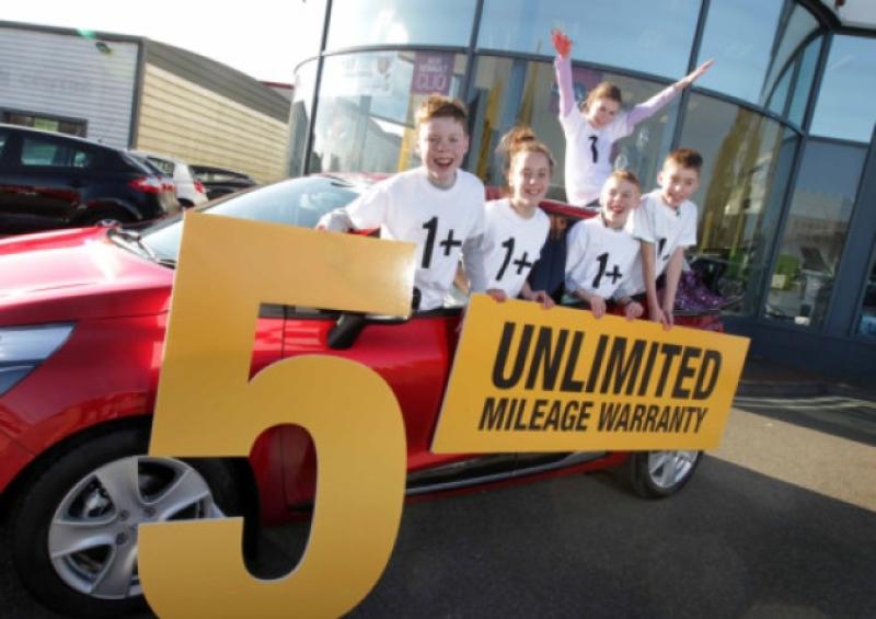 NO REPRO FEE 28/02/2013 Renault Warranty. It was high fives all round today when Ireland's only quintuplets were on hand to announce that Renault will be the first manufacturer to offer a 5 year unlimited mileage warranty across its full range of passenger cars and vans. The five Cassidy children from Co. Wexford are Ireland's first born quintuplets and now 11 years old. Pictured (l to r) Cian, Amy, Rory, Conor and Dearbhail are in 5th class and live with mom and dad Veronica and Kevin in Bridgetown. Co. Wexford. Currently the only manufacturer to offer a 5 year unlimited mileage warranty across its van range, Renault is now the only manufacturer in Ireland to offer this 5 year unlimited mileage warranty across its entire range of passenger cars and vans, a big incentive for private and business customers looking to purchase a new 2013 vehicle. Picture: Mark Stedman / Photocall Ireland