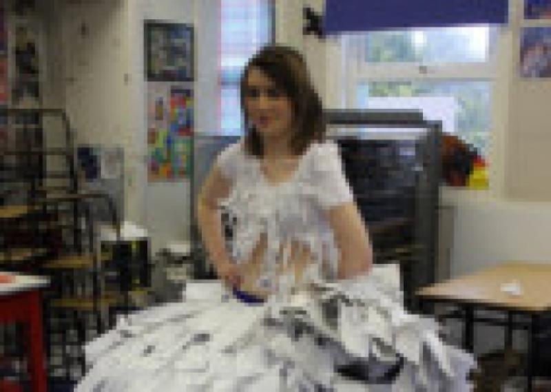 'Material Girl', a costume made by Lanesboro Community College students Rebecca Loftus, Saffron Quigley and Nicole Bergin has made it through to the Junk Kouture Regional Finals at the Royal Theatre, Castlebar on March 12.  The costume is made almost entirely from till receipts collected from the local community in Lanesboro, so a big thank you to everyone who contributed to the cause!