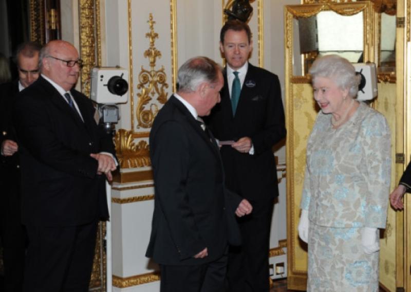 Longford men Pat Fitzgerald, President of the Irish Rugby Football Union (IRFU) and Paddy Cowan, proprietor of the Irish World Newspaper pictured meeting  Queen Elizabeth during the Buckingham Palace Irish Community Reception on Tuesday, March 25. Photo by Malcolm McNally