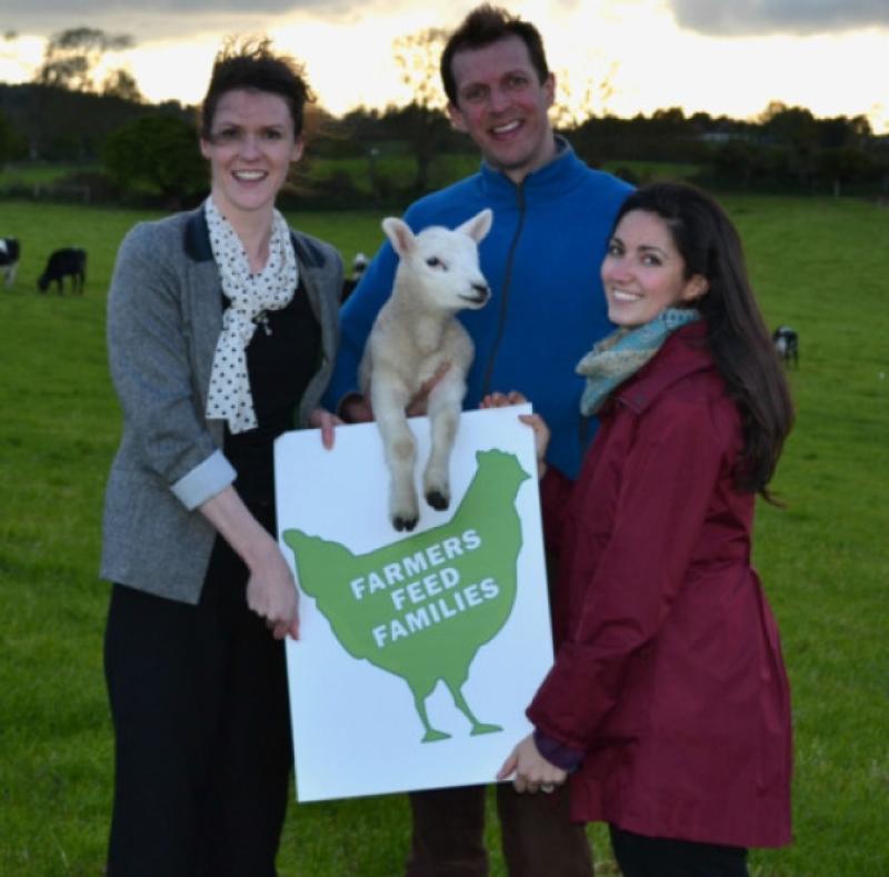Pictured is Anne Brady with Darragh McCullough from Ear to the Ground who is showing his support for the new Irish campaign Farm Feed Families and Jessica Zaffino.