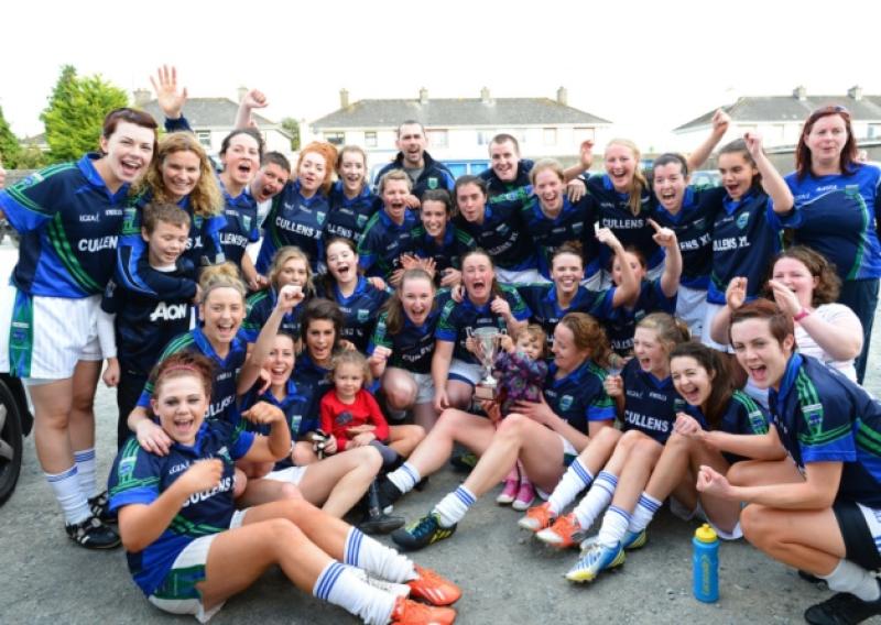 The Rathcline team celebrate after winning the Longford Ladies Intermediate Football Championship title on Saturday last at Pearse Park. PHOTO: RAY DONLON