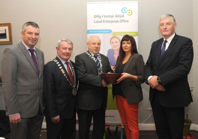 Pictured at the County Enterprise Awards are Michael Nevin (Longford County Council Head of Enterprise), Cllr Seamus Butler (Cathaoirleach of Longford Municipal District), Cllr Pat O'Toole (Leas Cathaoirleach of Longford County Council), Wendy Night of Wendy Louise Designs (Runner-up), and Fintan McGill (Chairperson of Longford Chamber of Commerce). Photo: Willie Farrell