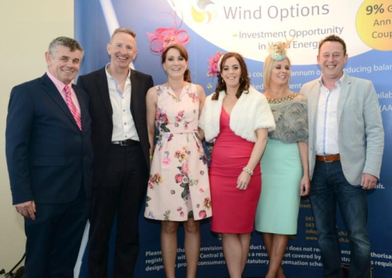 Longford GAA Race Day organiser Martin Skelly, Mickey Joe Keogh from Killoe (sponsor of the Best Dressed Lady competition), Melissa Lyons from Kildare (winner of the Best Dressed Lady), RT�s Sinead Hussey, Colette Reynolds (Hair Square) and Longford GAA PRO Gerry Hagan at Punchestown on  Wednesday last. Photo: Declan Gilmore