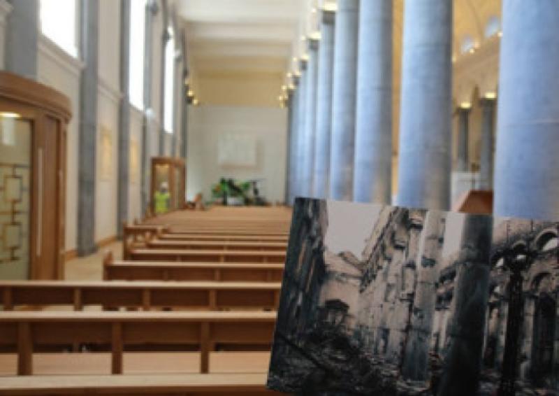 The west aisle of the Cathedral as it was after the fire and as it is now. Photo: Tiernan Dolan