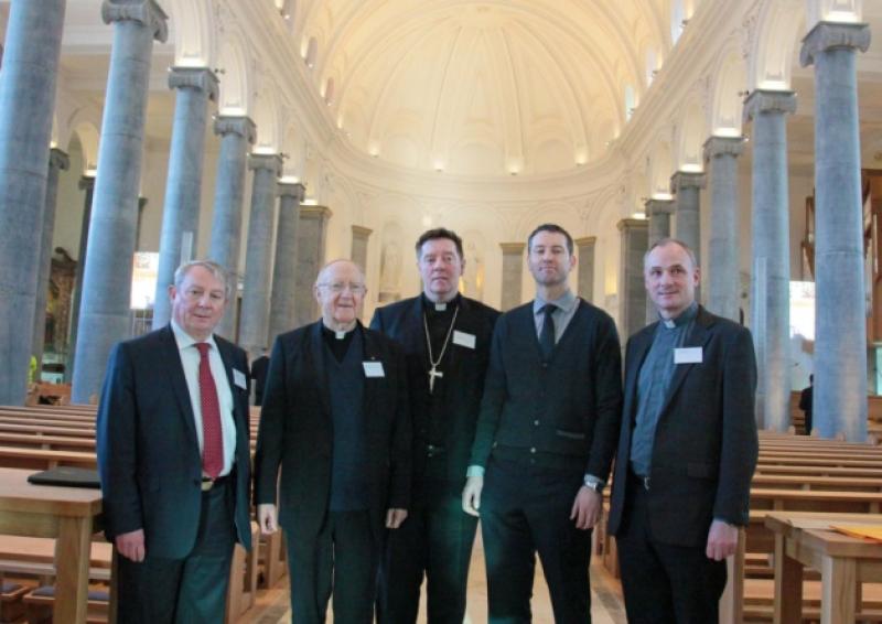 Seamus Butler, Bishop Emeritus Colm O'Reilly, Bishop Francis Duffy, Kevin Fay, and Fr Tom Healy in the restored and re-opened St Mel's Cathedral. Photo: Shelley Corcoran