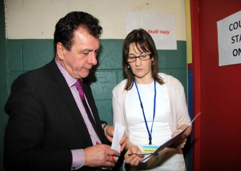 Frank Kilbride with Returning Officer Nora O'Farrell at the Local Elections count centre in Newtownforbes. Photo: Michelle Ghee.