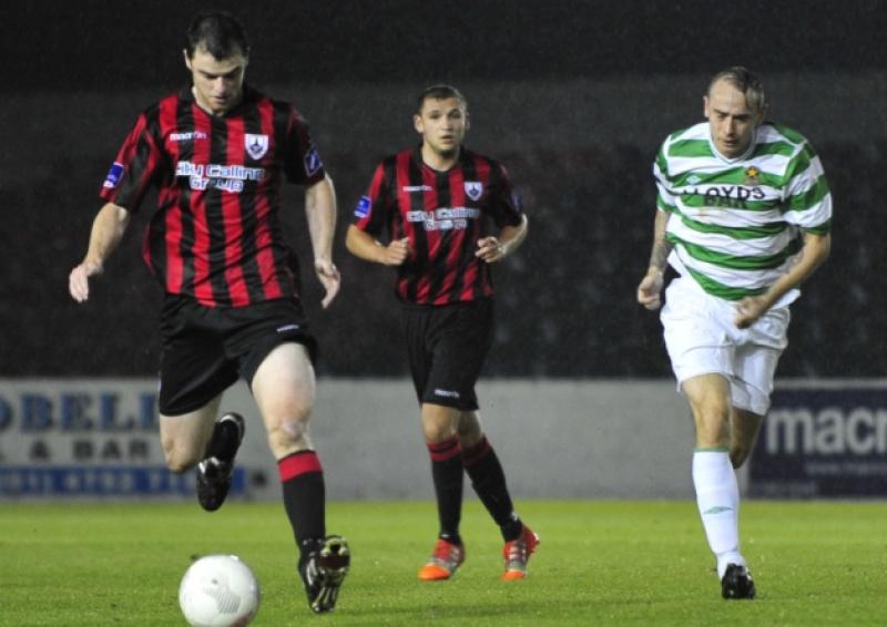 Noel Haverty on the ball for Longford Town with fellow defender Rhys Gorman also in the picture. Action from the FAI Cup quarter-final against Sheriff YC at City Calling Stadium on Friday night last.  Photo: Frank McGrath