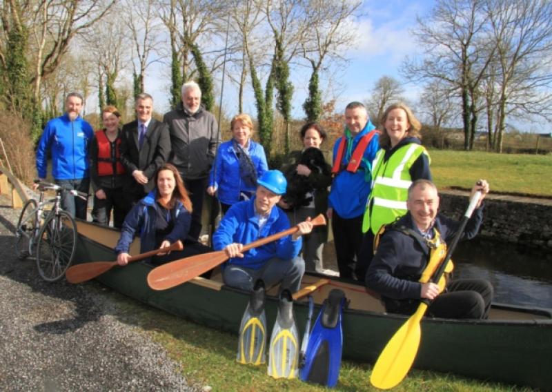 Brendan Doyle, Rose Kane, Damien McWeeney, Matthew Burke. Frances McPartland, Anna Delaney, Charlie the Dog, Micheal Nevin, Jillian Shaw, Siobhan McGuinness, Donall Mac Na Bheatha and Ivo Brett launching the Blueway Festival. Photo: Michelle Ghee. www.gphotos.ie