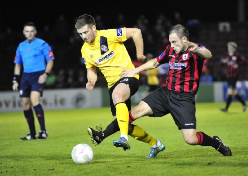 Stephen Rice battling for the ball in the Airtricity League Premier Division game against Derry City at City Calling Stadium on Friday night last. Photo: Frank McGrath