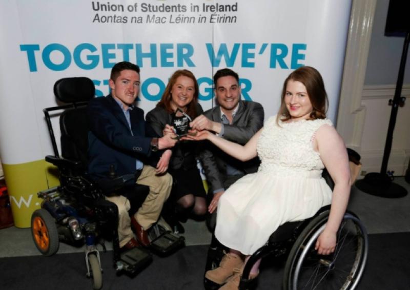 Pictured at the Student Achievement Awards are [L-R]: James Cawley, Drumlish; S�ona Cahill, Carrickedmond; USI Welfare Officer Greg O'Donoghue and Kerrie Leonard from Co Meath. Photo: Robbie Reynolds