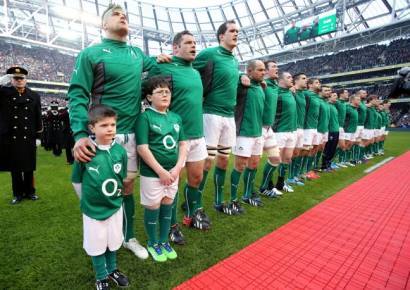 A very proud Seamus Hanley (front, second from left) stands with Ireland captain Jamie Heaslip and the Irish rugby team ahead of Ireland's RBS Six Nations clash with Scotland last Sunday. Photo: �INPHO/Dan Sheridan