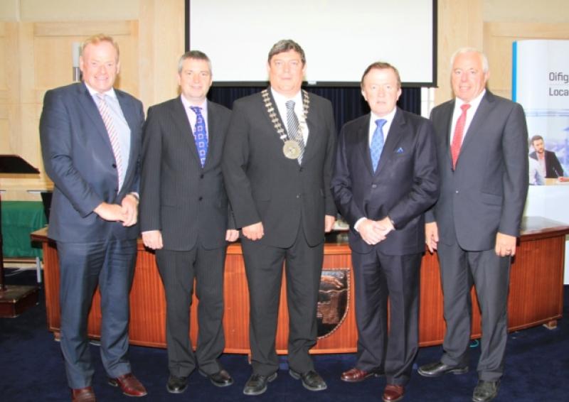 James Bannon TD, Michael Nevin (Longford Local Enterprise Office), Mark Casey (Cathaorleach of Longford Co Council), Minister John Perry, and Tim Caffrey (Longford Co Council CEO). Photo: Michelle Ghee. www.gphotos.ie
