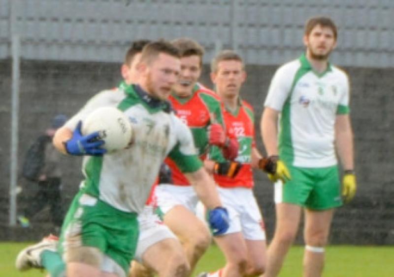 Michael Quinn surging forward for Killoe Emmet Og in the Leinster Club Senior Football Championship quarter-final against Garrycastle at Cusack Park, MUllingar on Sunday last. The other Killoe player in the picture is Paddy Thompson. Photo: Kevin Leavy/Declan Gilmore Photography