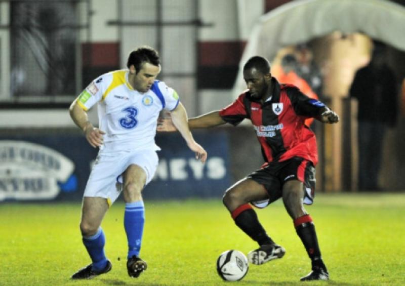 Michael Isichei on the attack for Longford Town against Waterford United on Saturday night last at City Calling Stadium during the second round of the League of Ireland First Division.