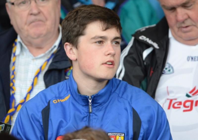 Injured Longford minors centre-half-back Conor Farrell (Cashel) watching the county seniors in action against Kildare in the All-Ireland Qualifiers at Cusack Park, Mullingar on Saturday evening.   Photo: Declan Gilmore