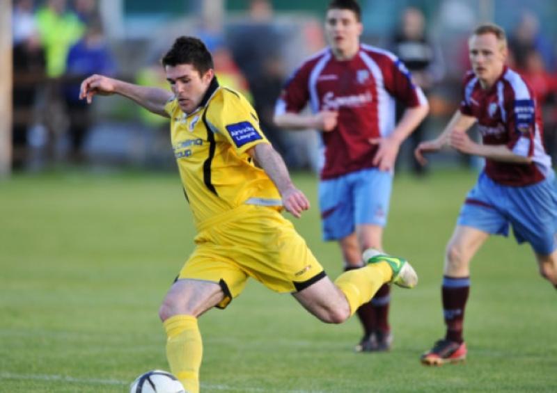 David O'Sullivan scoring Longford Town's first goal against Mervue United in the League of Ireland First Division on Friday evening of last week in Fahy's Field. Photo: Ray Donlon
