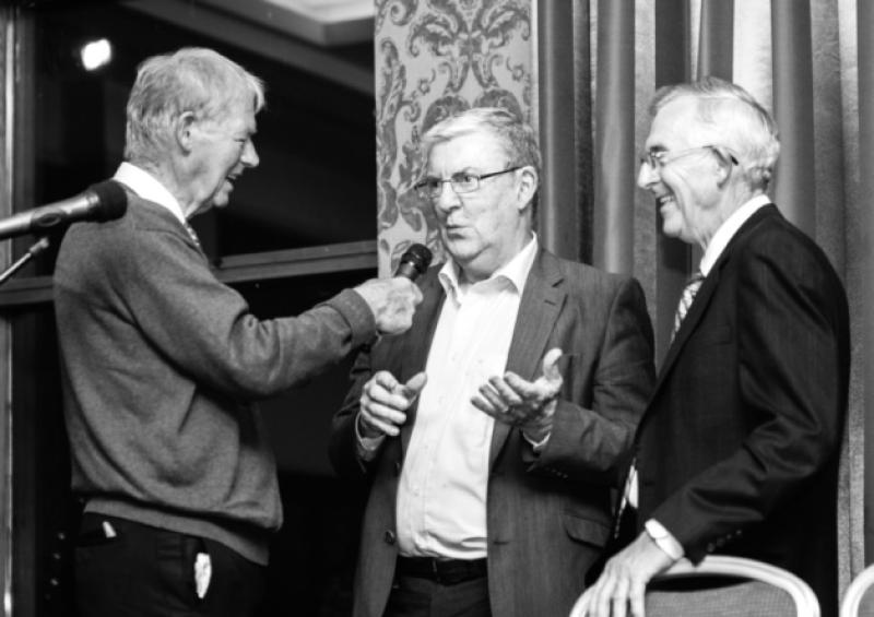Eugene McGee (centre) will launch his book 'The GAA In My Time' on Thursday, October 30 in Croke Park and he is pictured being interviewed by Micheal O'Muircheartaigh (left) at the recent launch of Pat Nolan's book 'The Furlongs - The Story of a Remarkable Family' in the Tullamore Court Hotel. Pictured right is Offaly's long-serving goalkeeper Martin Furlong who saved a penalty in the dramatic 1982 All-Ireland Final victory over Kerry, a victory that McGee masterminded as manager. Photo: Paula Nolan Photography