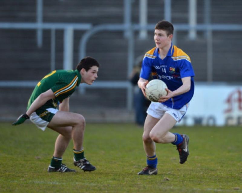 Larry Moran on the attack for Longford as Meath player Thomas McGovern gives chase during the Leinster Minor Football Championship Qualifiers Round 1 on Wednesday of last week at Pairc Tailteann in Navan. Photo: Ray Donlon