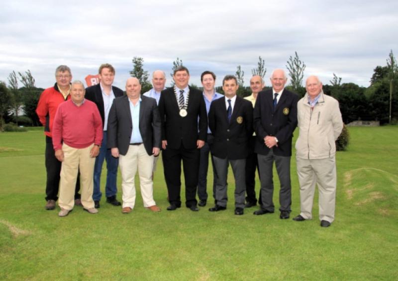 Joe Fox (2nd from right) is bidding to become National Community Games President. Pictured l to r are; Peter Conboy, Tommy McCormack, Cllr Michael Carrigy, John Lynch (Shannonside FM), Joe Flaherty (Longford Leader MD), Longford County Council Cathaoirleach Cllr Mark Casey, Cllr Padraig Loughrey, Jude Feehan (National Community Games Secretary), Micheal Stepherson (Chairperson of Acres Pitch & Putt Club, Ballinalee), Joe Fox (Longford Community Games Chairperson and National Vice President) and Jimmy Fox. Photo: Michelle Ghee. www.gphotos.ie