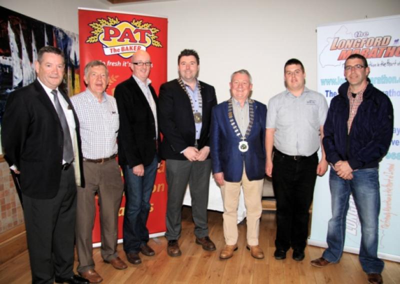 Michael Meaney from Pat the Baker, Liam Fenelon, Longford Marathon Organising Committee Vice Chairperson John Sheehan, Longford County Council Cathaoirleach Cllr Gerry Warnock, Longrord Municipal District Cathaoirleach Cllr Seamus Butler, James Quinn and John Farrell. pictured at the launch of the 2015 Pat the Baker Longford Marathon in the Longford Arms Hotel. Photo by: Michelle Ghee. www.gphotos.ie