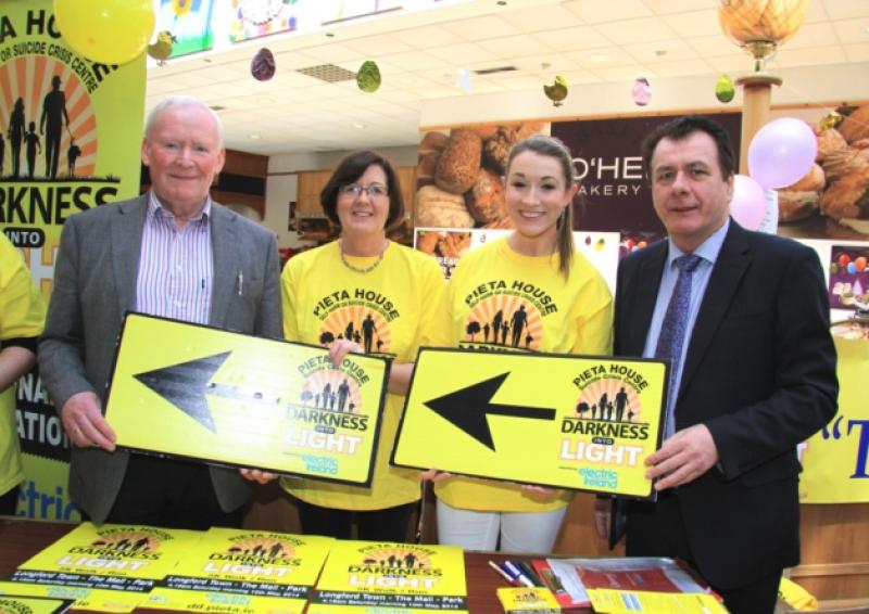 Cllr Luie McEntire with Frances McCormack, Longford Rose Aisling Farrell and Cllr. Frank Kilbride at the launch of the Darkness Into Light event at Longford Shopping Centre last week. Photo: Michelle Ghee. www.gphotos.ie