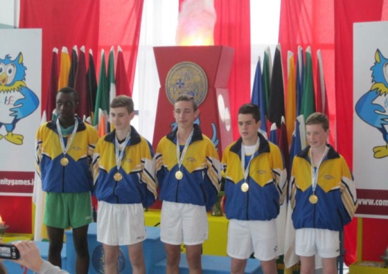 Longfords U-14 Boys Mixed Distance Relay squad of Nelvin Konadu, Conor Blessington, Adam Kelly, Karl McNerney and Cian McPhillips, pictured with their gold medals after their magnificent triumph at the HSE Community Games National Finals in AIT on Saturday.