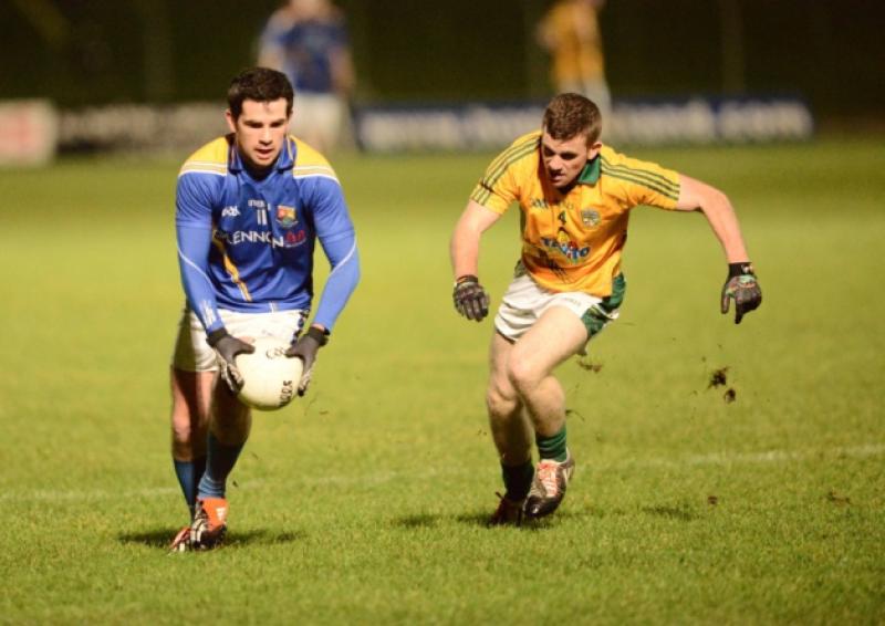 Goalscorer Francis McGee on the attack for Longford in breaking away from Meath defender Nicky Judge. Action from the O'Byrne Cup Round 2 clash against Meath at Pairc Tailteann, Navan on Wednesday night. Pic: Declan Gilmore Photography
