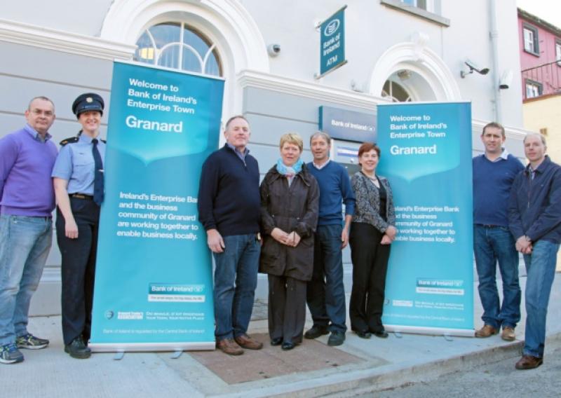John O'Donohoe, Tracey Shanley (Community Gardai), Paschal Masterson (Chair of Granard Traders Association), Marie Scanlon (Secretary of Traders Association), Noel Kelly (St Mary's GAA), Teresa Donohoe (Manager BOI), John Macken and Sean Donohoe promoting the Granard Enterprise Town initiative. Photo: Shelley Corcoran