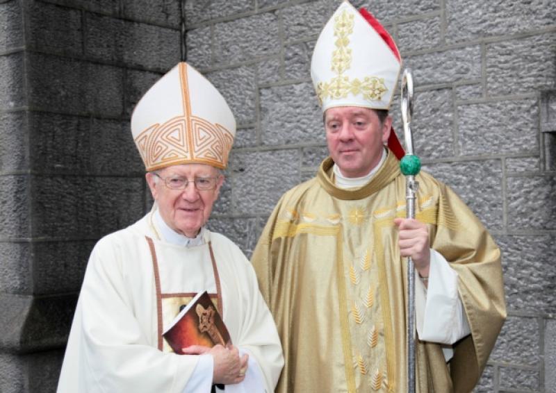 Outgoing Bishop of Ardagh and Clonmacnois, Colm O'Reilly, pictured with his successor, Bishop Francis Duffy. Photo: Shelley Corcoran