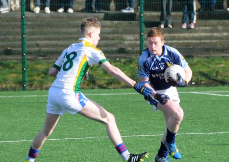 Eoin Higgins on the ball for Cnoc Mhuire, Granard against Colaiste Choilm, Tullamore in this action shot from the North Leinster Post-Primary Schools Senior 'B' Football Championship Final at the St. Loman's grounds, Mullingar on Saturday last. Photo: Kevin Leavy